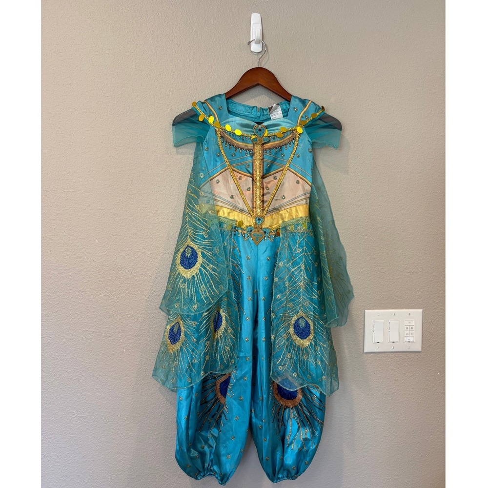 Disney Aladdin Princess Jasmine Costume Jumpsuit Peacock Cape Teal Gold 4-6X